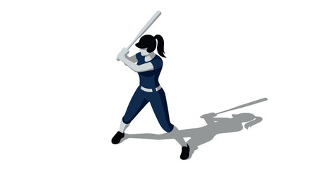 Obraz premium Female baseball player in action: isometric design of batter's stance with shadow effect