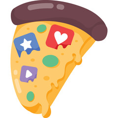 A slice of delicious pizza topped with social media icons like a play button a star and a heart symbol set against a clean white background ideal for online promotions