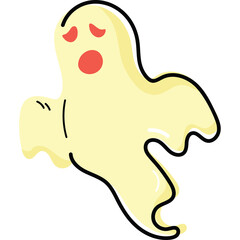 A Pale Yellow Cartoon Ghost Appears Sad with Red Eyes and a Red Mouth Against a Transparent Background