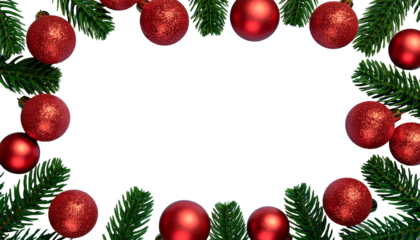 Marco festivo Navideño creado por ramas de pino o abeto de color verde intenso, que se extienden desde los bordes. El marco está ricamente decorado con numerosas esferas de Navidad de color rojo.