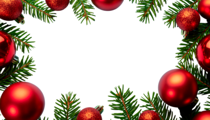 Marco festivo Navideño creado por ramas de pino o abeto de color verde intenso, que se extienden desde los bordes. El marco está ricamente decorado con numerosas esferas de Navidad de color rojo.