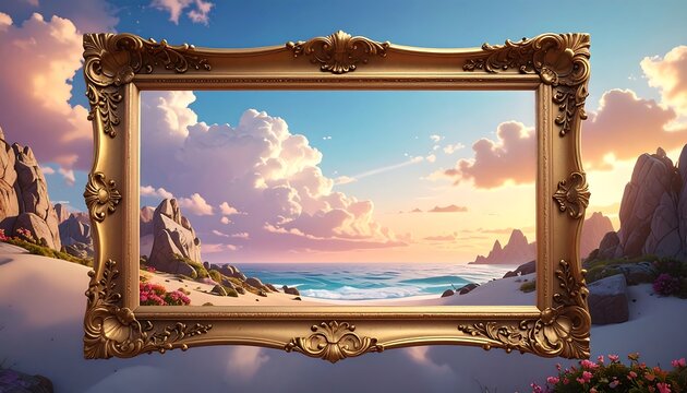 Ornate gold frame showcases ocean view with vibrant sky and cliffs