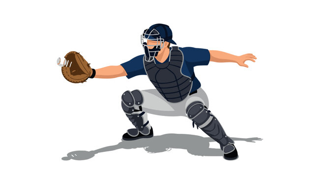 Baseball catcher in action with catcher's mitt and protective gear