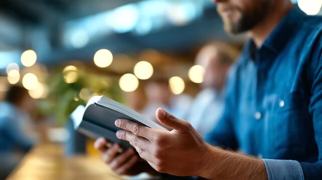 Hands holding devotional book during lunch break office setting visible faces defocused workplace spiritual support professional mental wellness faith at work with copy space