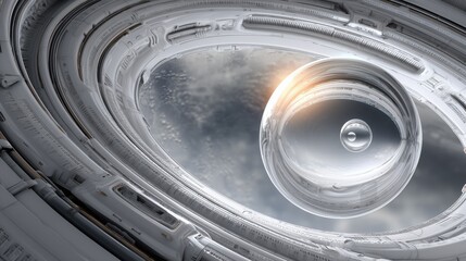 An abstract futuristic scene with metallic structures and floating spherical forms in zero gravity, creating a sense of space technology.
