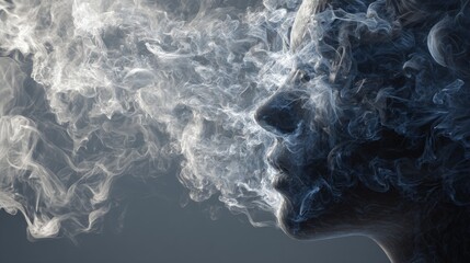 A profile of a human face merging with smoke, exhaling swirling white and blue mist against a dark background