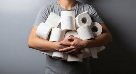 Toilet Paper Horde Person Holding an Armful of Bath Tissue Rolls.