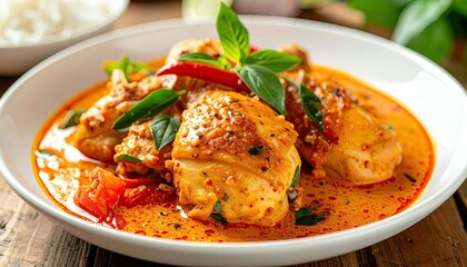 A close-up shot of a white bowl filled with a rich, orange-hued chicken curry, garnished with fresh basil leaves and red chili peppers.