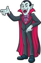 Cartoon vampire character in classic cape and suit, spooky Halloween Dracula illustration with fangs, glowing eyes and playful scary expression