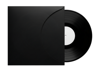 Black vinyl record with white label partially inserted into a black sleeve isolated on a transparent background