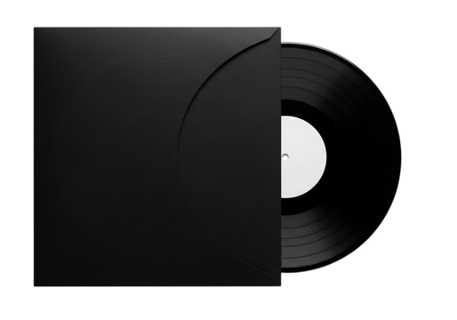 Black vinyl record with white label partially inserted into a black sleeve isolated on a transparent background