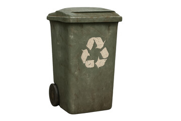 Green recycling bin with wheels featuring the universal symbol for waste sorting, concept of garbage disposal and environmental care, transparent background
