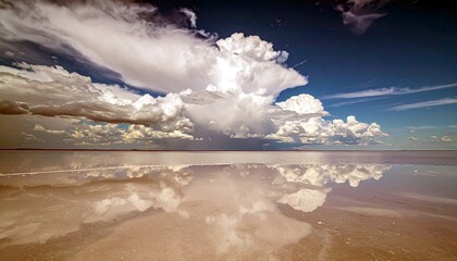 A wide, flat expanse of salt or mud reflects a dramatic sky filled with large, white cumulus clouds and patches of deep blue sky.