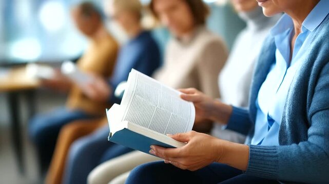 Hands holding recovery literature and Bible together spiritual healing faces not shown addiction faith recovery mental wellness program group reading session defocused with