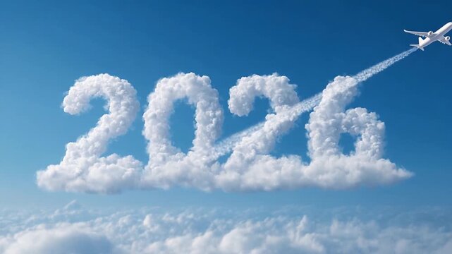 Enjoy the stunning view of a plane flying through the bright blue sky, leaving a trail of clouds that form the year 2026 as we welcome the new year joyfully