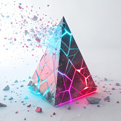Futuristic pyramid shattering with vibrant neon light, perfect technology concept