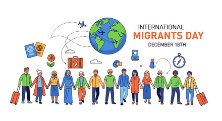 Diverse global community standing united, celebrating International Migrants Day, promoting human rights, inclusivity, and solidarity among people worldwide