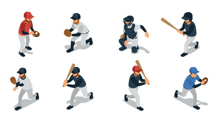 Isometric baseball players posing: pitching, batting, and catching in action