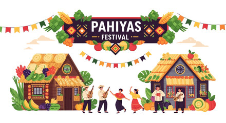 Obraz premium Pahiyas Festival Celebration with Traditional Houses, Music, and Dancing