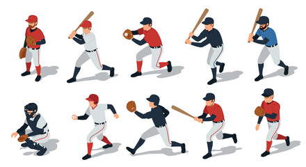 Isometric baseball players in action poses with bats and gloves