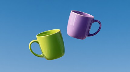 Two cups are floating in the air, one green and one purple. The cups are suspended in the air, giving the impression of weightlessness. The blue sky in the background adds to the sense of freedom