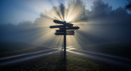 a journey along the road of fate with the choice of the right path, a crossroads of several roads with direction signs.