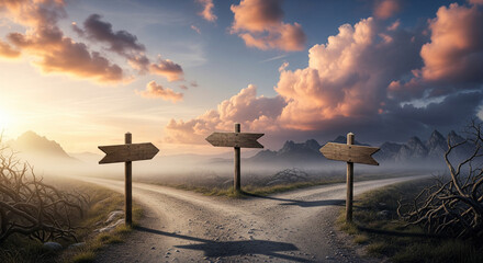 a journey along the road of fate with the choice of the right path, a crossroads of several roads with direction signs.