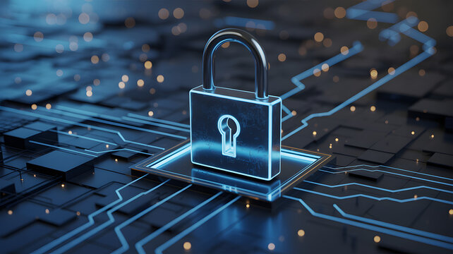 Cybersecurity technology padlock for data protection, a modern digital lock with glowing lines, network security and encryption concept, protecting your digital world