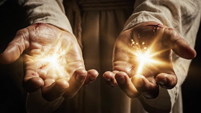 The resurrected hands of Jesus Christ with glowing stigmata wounds. Divine light shines from the palms symbolizing healing and miraculous power. A Christian concept of faith, sacrifice, and Easter