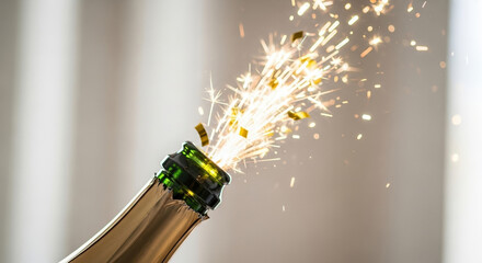 Champagne bottle opening with sparkling confetti and streamers for celebration of happy new year or other joyous seasonal event