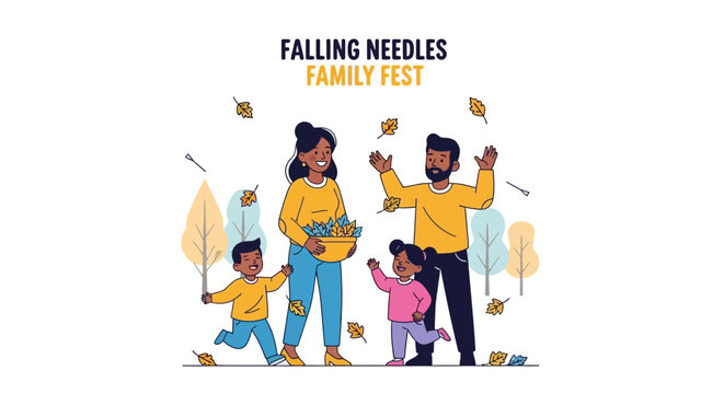 Joyful family bonding during an autumnal outdoor festival, collecting and playing with colorful fallen leaves amidst a vibrant park setting