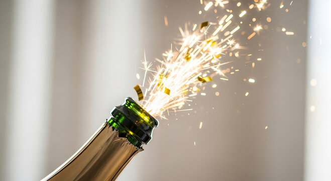 Champagne bottle opening with sparkling confetti and streamers for celebration of happy new year or other joyous seasonal event