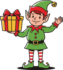 Christmas elf holding a gift isolated on white background