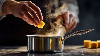 A chef is cooking in a pan with a yellowish substance. The pan is filled with steam and the chef is holding a yellowish object in his hand