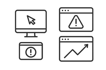 Essential interface icons: desktop monitor, mouse cursor, system warning alerts, and trending graph