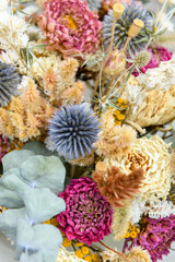 Dried flowers bouquet. Sustainable floristry. Home decor with dried flowers.