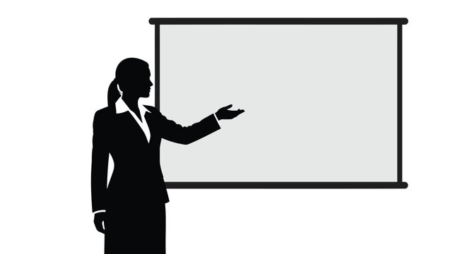 Silhouette of a professional businesswoman presenting information on a blank projection screen during a meeting