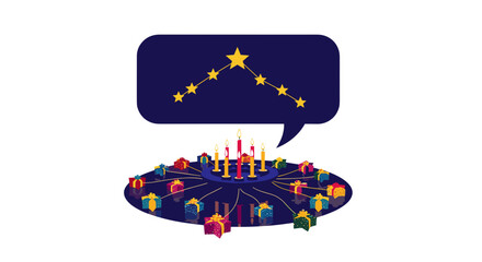 dark blue advent wreath with candles, gifts, and constellation bubble for holiday event invitations, spiritual blogs, christmas party flyers, and educational materials on festive traditions