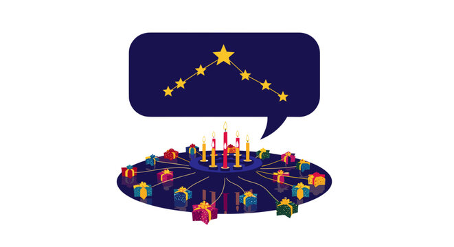 dark blue advent wreath with candles, gifts, and constellation bubble for holiday event invitations, spiritual blogs, christmas party flyers, and educational materials on festive traditions