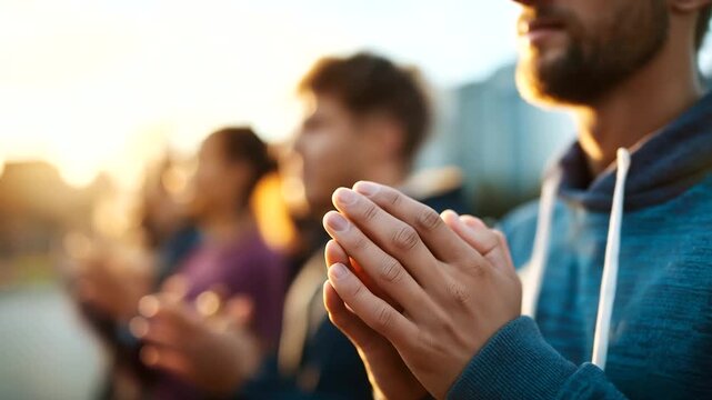 Hands of young adults in prayer huddle before event unity gesture faces not visible youth ministry mental support campus faith group outdoor or gym setting defocused with cop