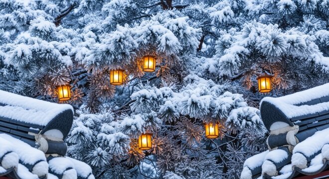 Warm glowing lanterns illuminating snow covered pine tree branches with decorative chain lights during winter evening twilight creating magical holiday atmosphere - Powered by Adobe