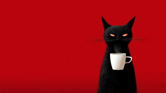 A black cat is holding a white coffee cup in its mouth. The cat is looking at the camera with a menacing expression. The image has a dark and eerie mood, with the cat's eyes glowing red