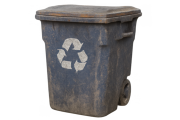 Dirty blue recycling trash can with a recycle logo providing an isolated object concept on a transparent background