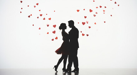 Romantic silhouettes of a loving couple embracing under a shower of falling red hearts on a bright white background. AI Generated