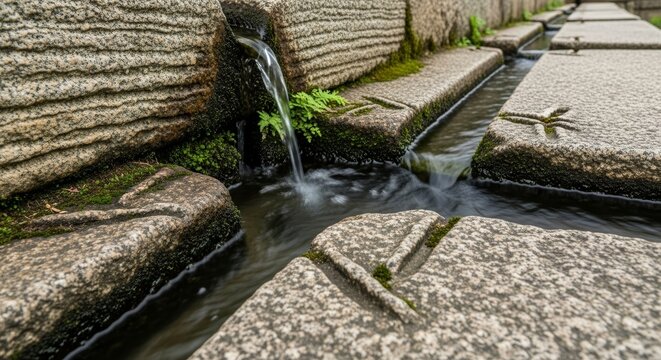 Natural spring water flowing from carved stone spout into traditional granite channel with moss growing on weathered stone surfaces