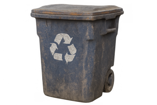 Dirty blue recycling trash can with a recycle logo providing an isolated object concept on a transparent background - Powered by Adobe