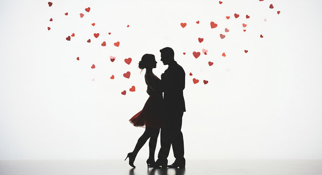 Romantic silhouettes of a loving couple embracing under a shower of falling red hearts on a bright white background. AI Generated