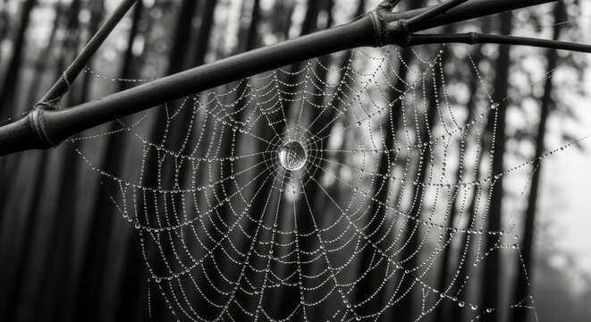 Intricate spider web covered in morning dew droplets stretched between bare tree branches in misty forest captured in black and white photography