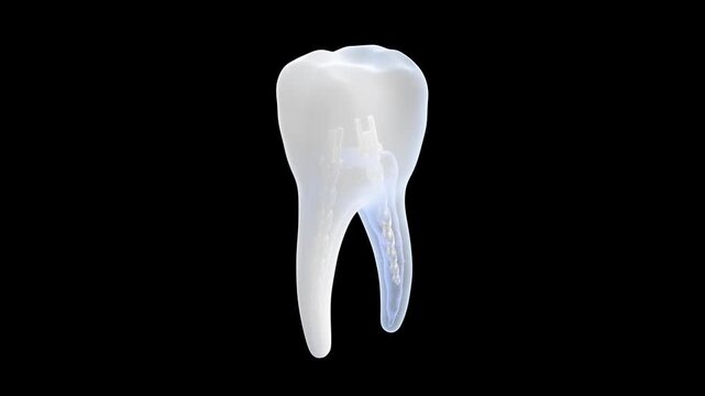 3d tooth animation. Isolated rotating 3d tooth model. filling and pin in the tooth. Soaring beautiful white dental 3d rendering.