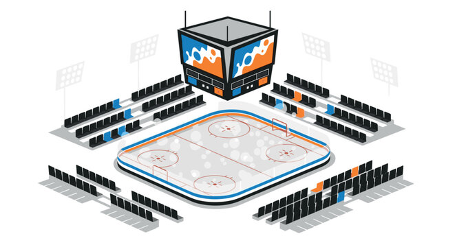 Isometric ice hockey rink with digital scoreboard and stadium seating